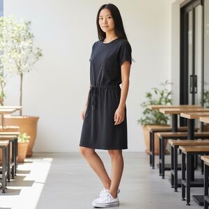 Mata Traders Casual Summer Black Drawstring Waist T-Shirt Dress Organic Cotton M